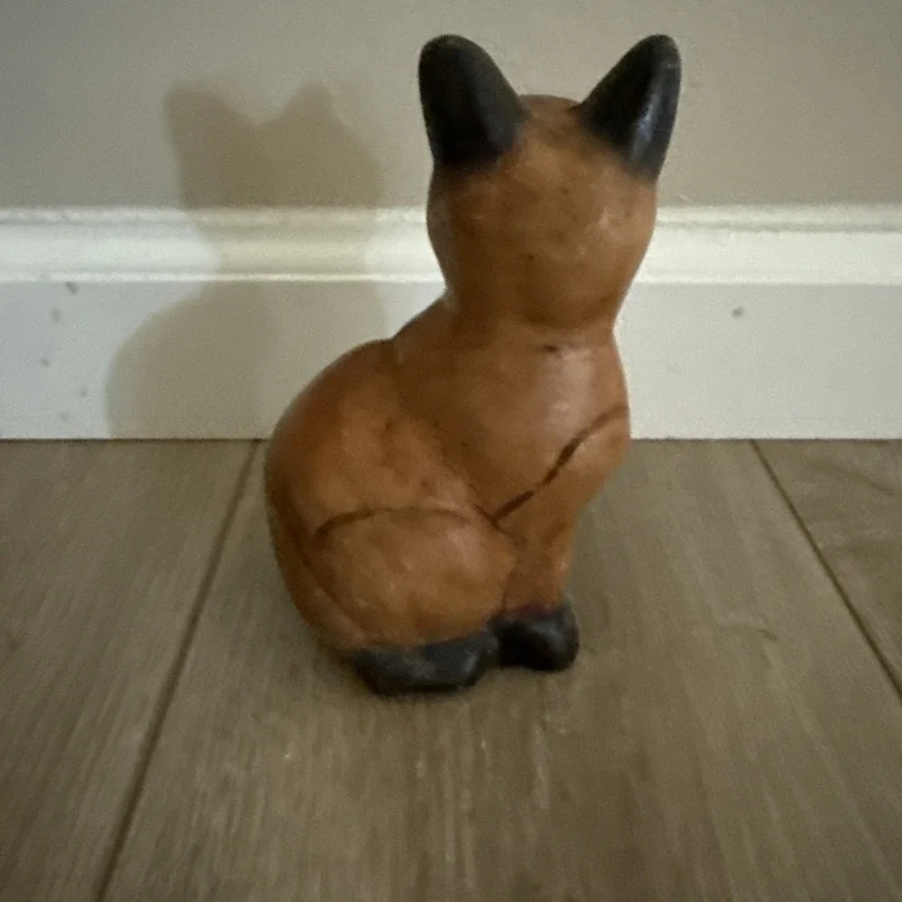 Vintage MCM Wood Sitting Cat Black Ears Tail Paws‎ Green Eyes 6